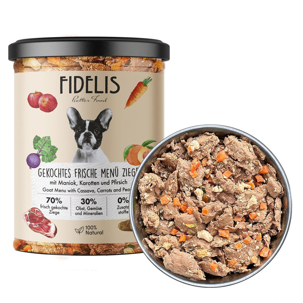 Menu frais Chèvre avec manioc, carottes et pêche 400g