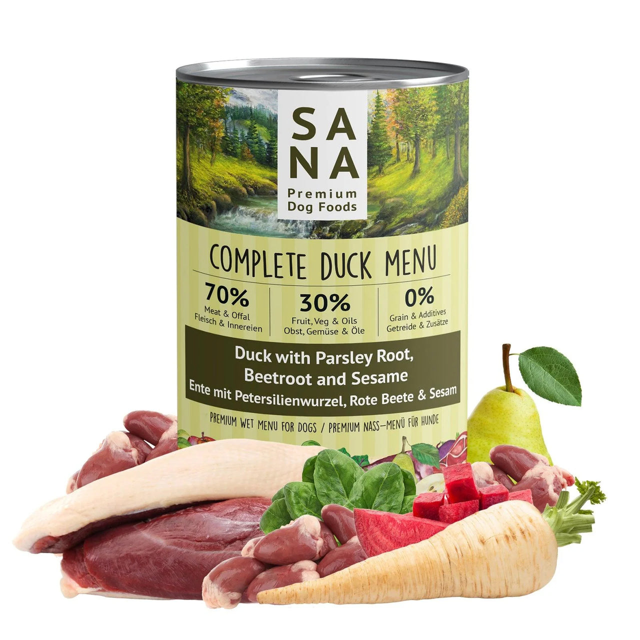 Menu humide Canard avec racine de persil, betterave rouge & sésame