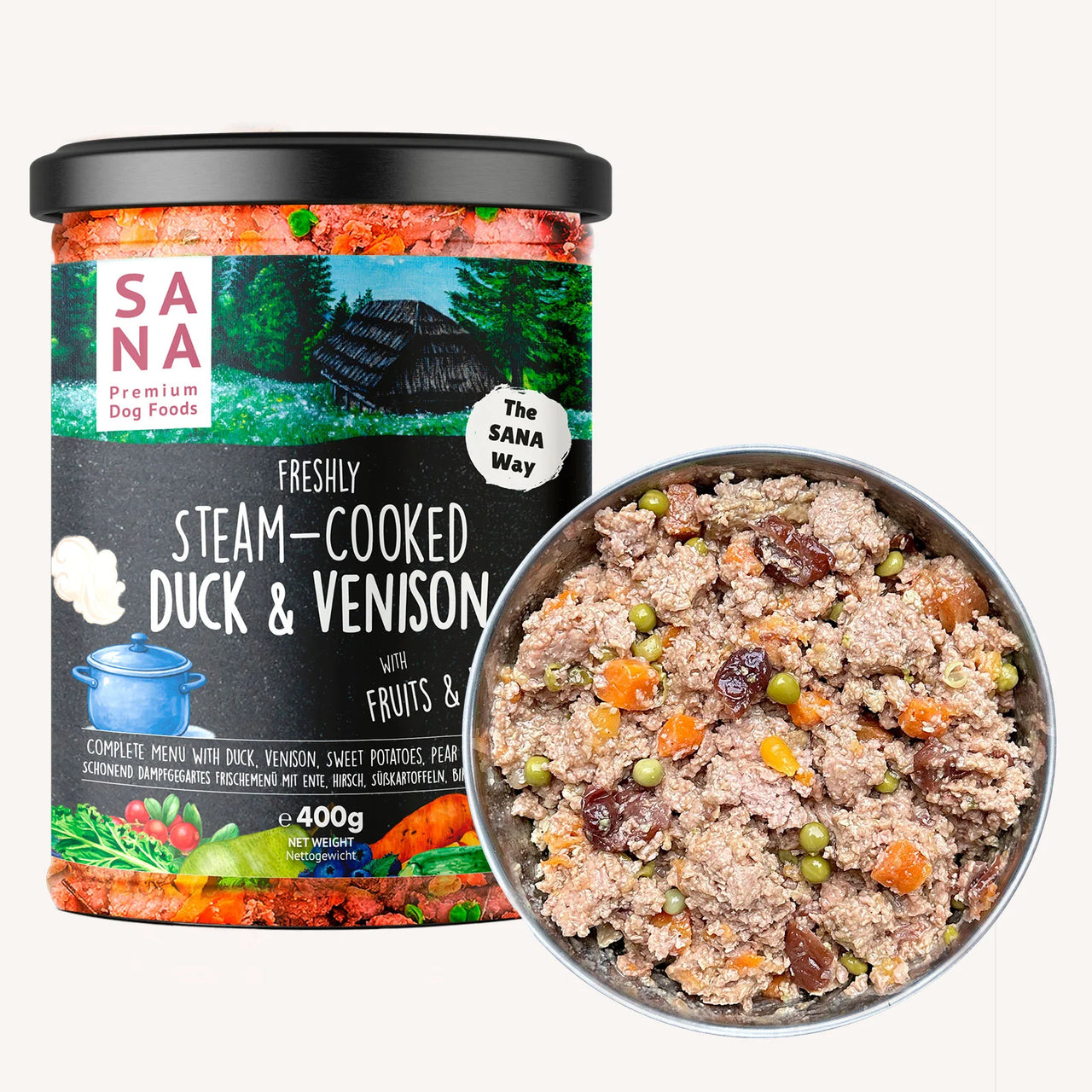 Canard et venaison avec patate douce et myrtilles 400g