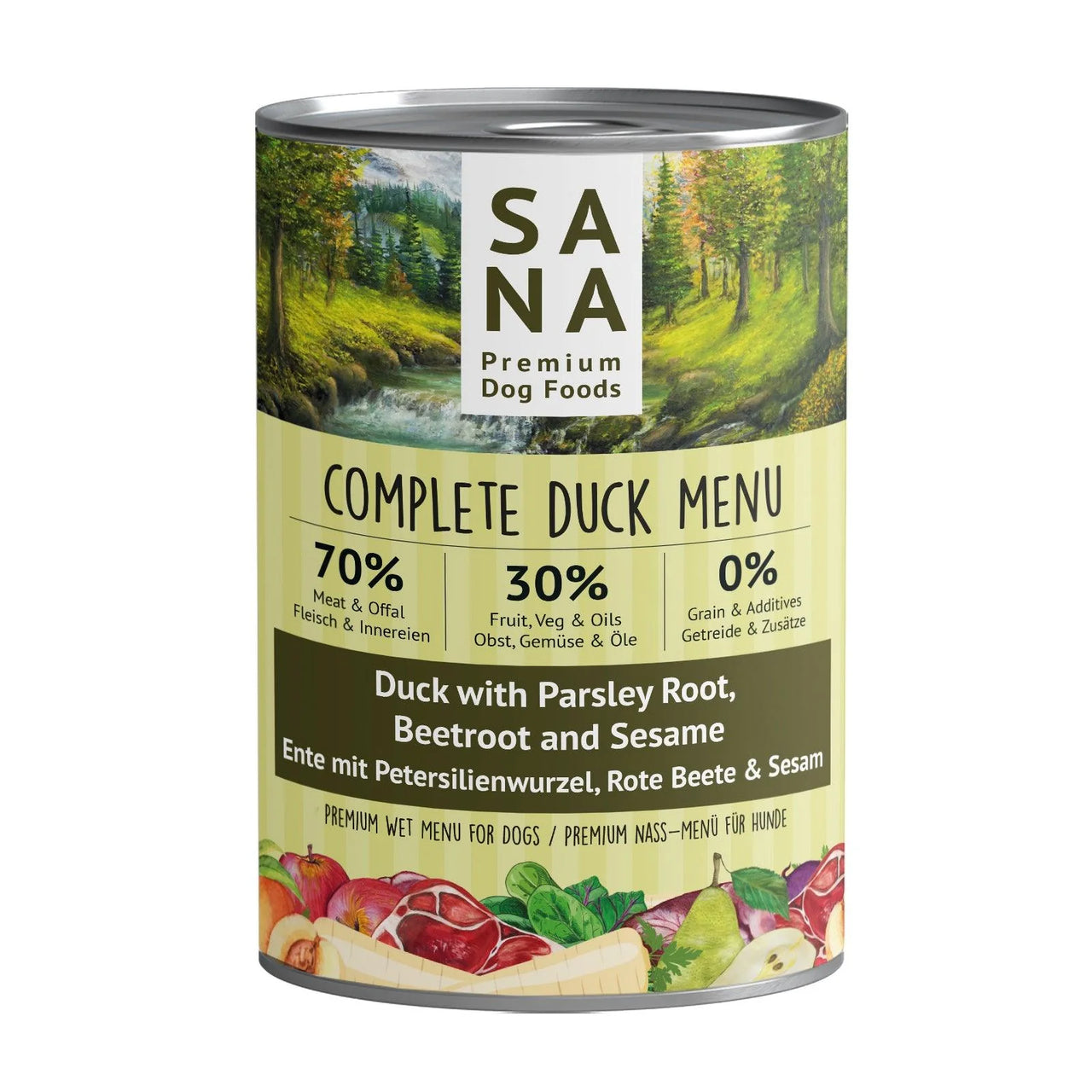 Menu humide Canard avec racine de persil, betterave rouge & sésame