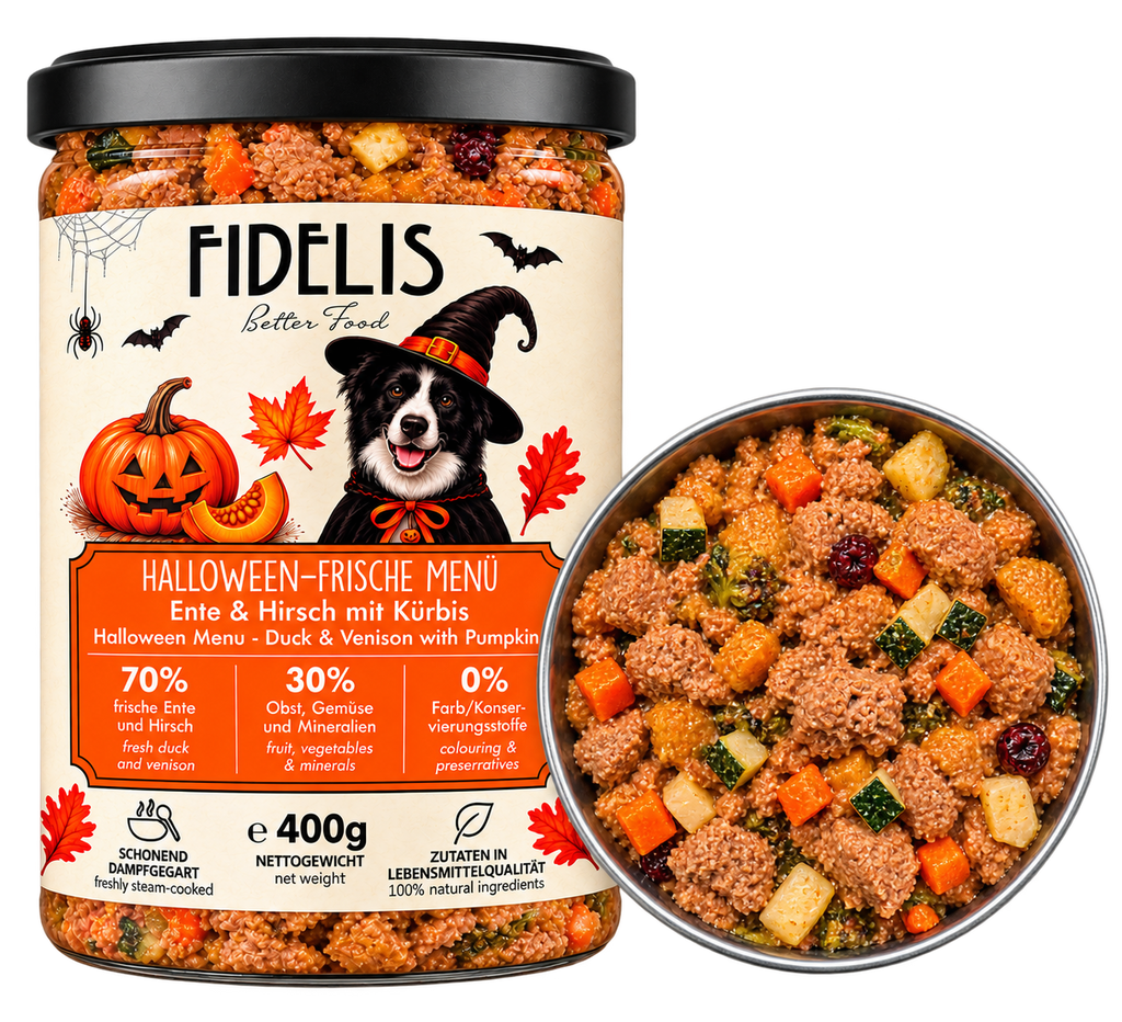Menu d'Halloween au canard, cerf & potiron – 400 g 🎃